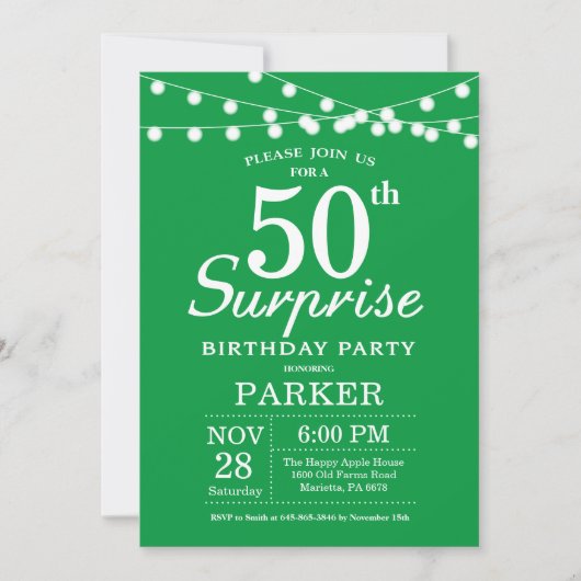 Verrassend 50th Birthday Invitation Green Kaart (Voorkant)
