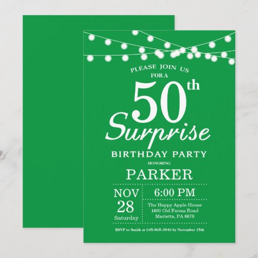 Verrassend 50th Birthday Invitation Green Kaart (Voorkant / Achterkant)