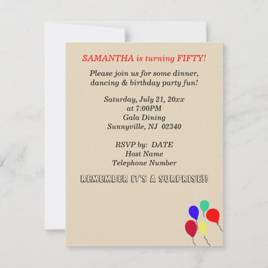 Verrassend 50th Over the Hill Balloons Kaart (Achterkant)