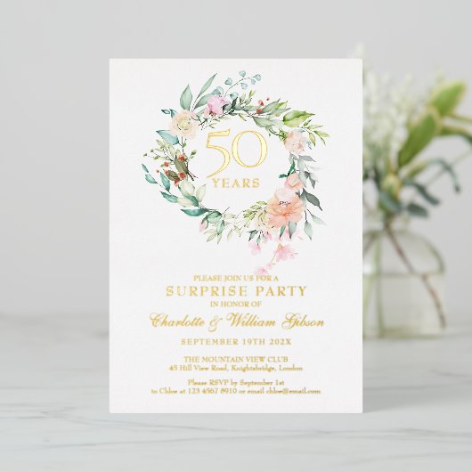 Verrassend 50th Wedding Jubileum Party Gold Folie Uitnodiging (Staand Voorkant)