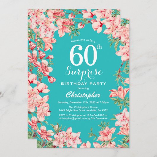 Verrassend 60e verjaardag Blauwgroen roze bloemen Kaart (Voorkant / Achterkant)