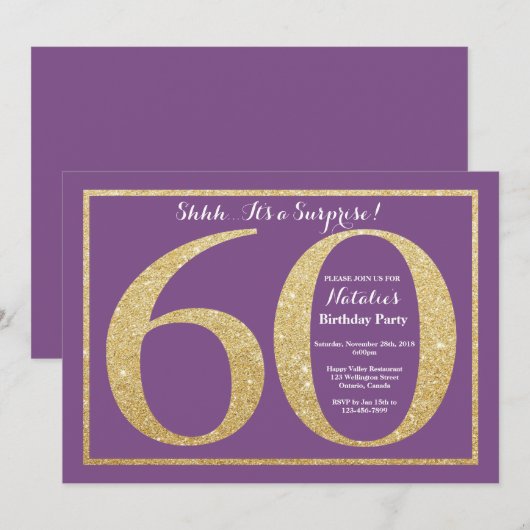 Verrassend 60e verjaardag Paars en Gold Glitter Kaart (Voorkant / Achterkant)