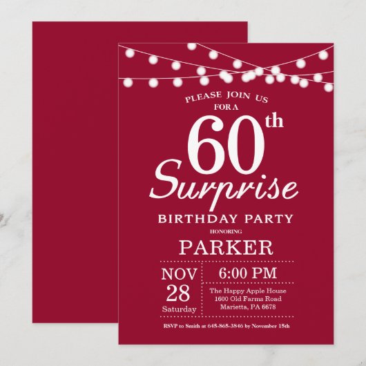 Verrassend 60e verjaardag Uitnodiging Burgundy Red (Voorkant / Achterkant)
