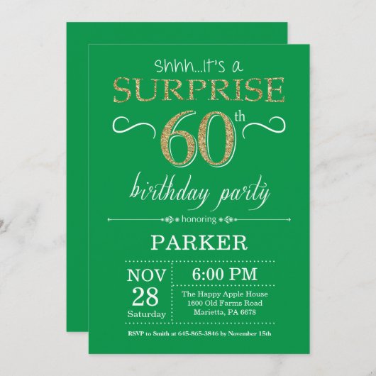 Verrassend 60e verjaardag Uitnodiging groen en gou (Voorkant / Achterkant)