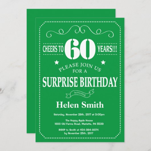 Verrassend 60e verjaardag Uitnodiging groen en wit (Voorkant / Achterkant)