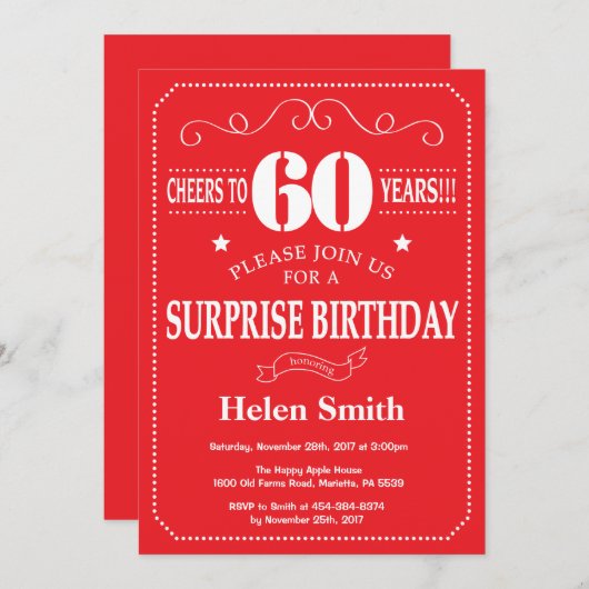 Verrassend 60e verjaardag Uitnodiging rood en wit (Voorkant / Achterkant)