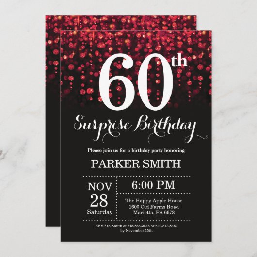 Verrassend 60e verjaardag Uitnodiging rood glitter (Voorkant / Achterkant)
