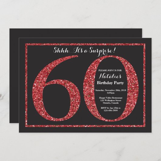 Verrassend 60e verjaardag Uitnodiging rood glitter (Voorkant / Achterkant)