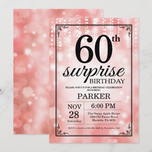 Verrassend 60e verjaardag Uitnodiging Roze Glitter (Voorkant / Achterkant)