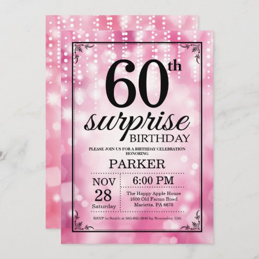 Verrassend 60e verjaardag Uitnodiging Roze Glitter (Voorkant / Achterkant)