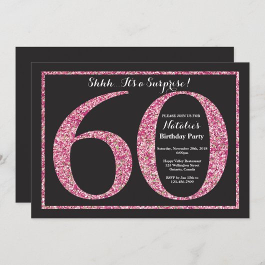 Verrassend 60e verjaardag Uitnodiging Roze Glitter (Voorkant / Achterkant)