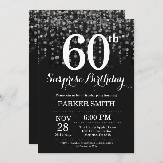 Verrassend 60e verjaardag Uitnodiging Silver Glitt (Voorkant / Achterkant)