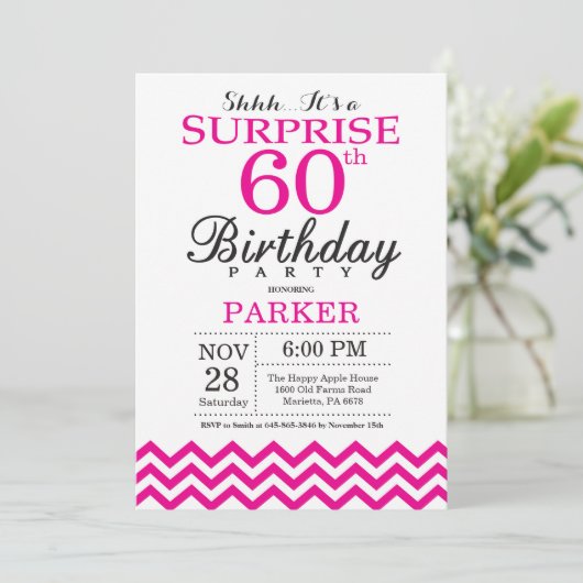 Verrassend 60e verjaardag Uitnodiging warme roze C (Staand voorkant)