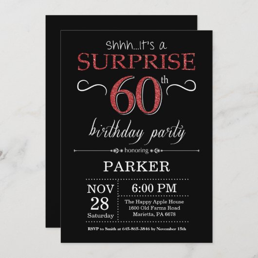 Verrassend 60e verjaardag Uitnodiging zwart-wit en (Voorkant / Achterkant)