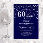 Verrassend 60e verjaardag van de marine Silver Kaart<br><div class="desc">Verrassend 60e uitnodiging van de Birthday Party. Elegant ontwerp in blauw en faux glitter Silver. Kenmerkt manuscriptdoopvont en diamanten confetti. Cheers tot 60 jaar! Bericht me als u verdere aanpassing nodig hebt.</div>