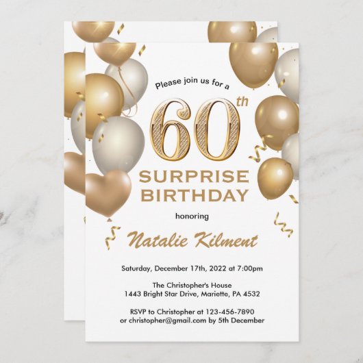 Verrassend 60e verjaardag Witte en gouden ballonne Kaart (Voorkant / Achterkant)