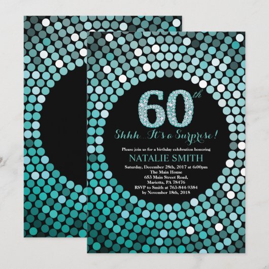 Verrassend 60e verjaardag zwart en Blauwgroen glit Kaart (Voorkant / Achterkant)