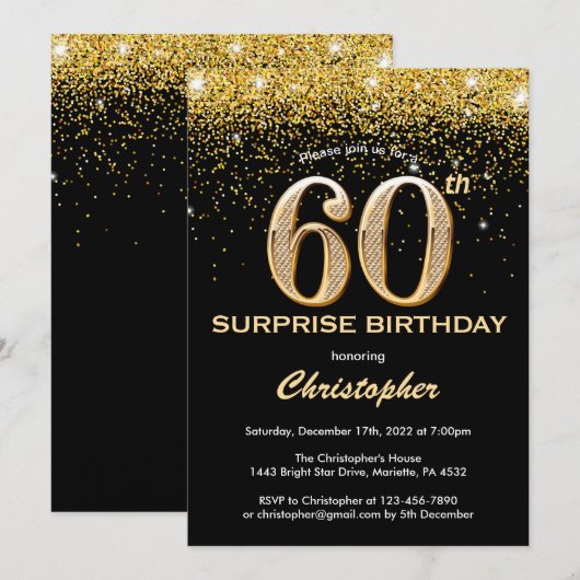 Verrassend 60e verjaardag zwart en gouden glitter kaart (Voorkant / Achterkant)