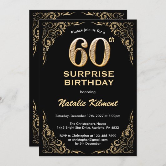 Verrassend 60e verjaardag zwart en gouden glitter kaart (Voorkant / Achterkant)