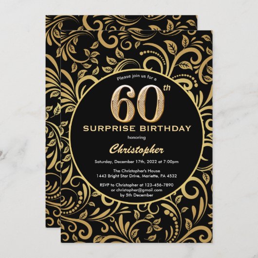Verrassend 60e verjaardag zwarte en goudbloem kaart (Voorkant / Achterkant)