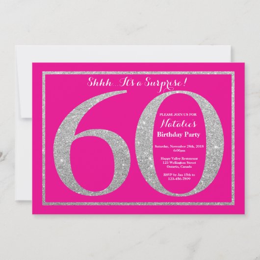 Verrassend 60th Birthday Hot Pink en Silver Glitte Kaart (Voorkant)