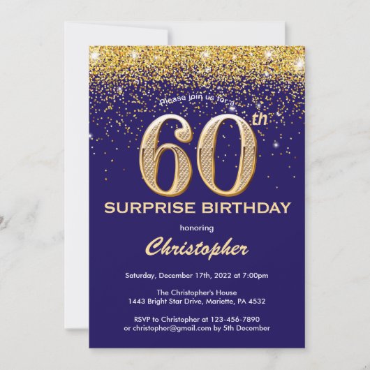 Verrassend 60th Birthday Navy Blue en Gold Glitter Kaart (Voorkant)