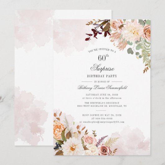 Verrassend 60th Birthday Party Pastel Floral Scrip Kaart (Voorkant / Achterkant)