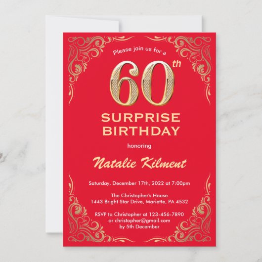 Verrassend 60th Birthday Red en Gold Glitter Kaart (Voorkant)