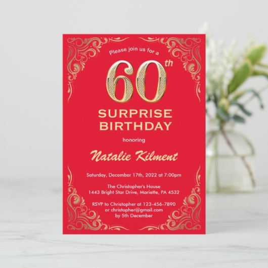 Verrassend 60th Birthday Red en Gold Glitter Kaart (Staand voorkant)