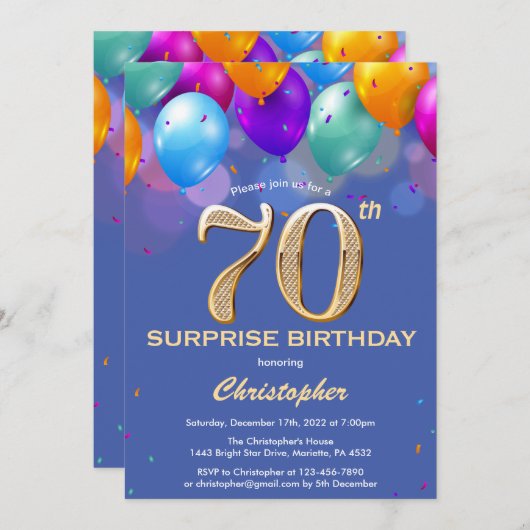 Verrassend 70e verjaardag Blauwe en gouden ballonn Kaart (Voorkant / Achterkant)