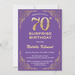 Verrassend 70e verjaardag Paars en Gold Glitter Kaart