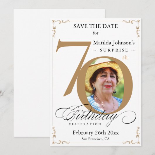 Verrassend 70e verjaardag Red de datum Gold White Kaart (Voorkant / Achterkant)
