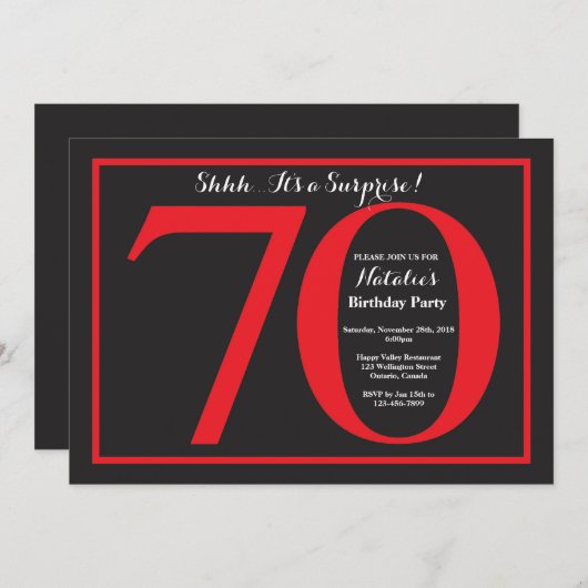 Verrassend 70e verjaardag rood en zwart karton kaart (Voorkant / Achterkant)