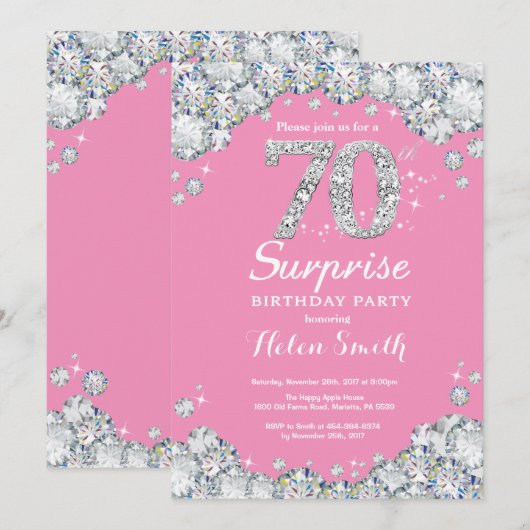 Verrassend 70e verjaardag Roze en Silver Diamond Kaart (Voorkant / Achterkant)