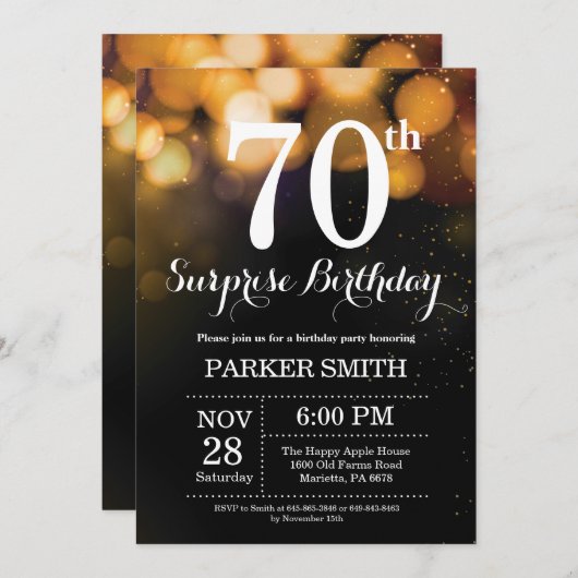 Verrassend 70e verjaardag Uitnodiging Gold Glitter (Voorkant / Achterkant)