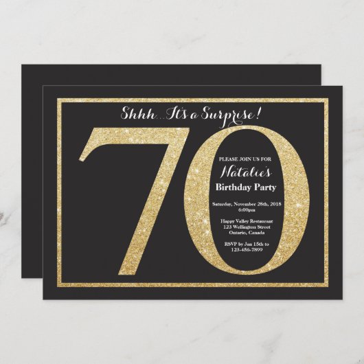Verrassend 70e verjaardag Uitnodiging Gold Glitter (Voorkant / Achterkant)