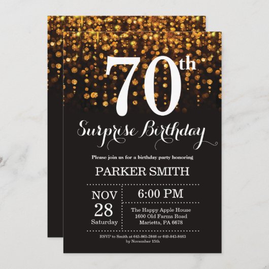 Verrassend 70e verjaardag Uitnodiging Gold Glitter (Voorkant / Achterkant)