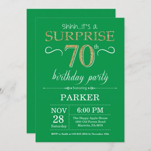 Verrassend 70e verjaardag Uitnodiging groen en gou (Voorkant / Achterkant)