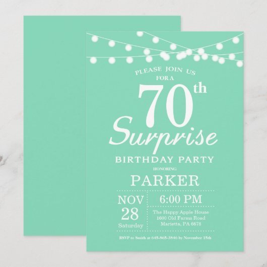 Verrassend 70e verjaardag Uitnodiging Mint Green (Voorkant / Achterkant)