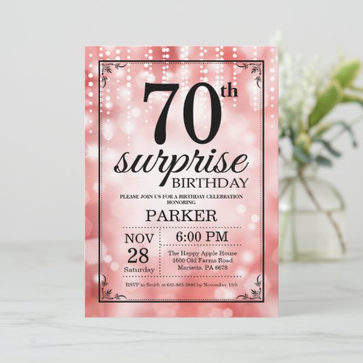 Verrassend 70e verjaardag Uitnodiging Rode Glitter (Staand voorkant)