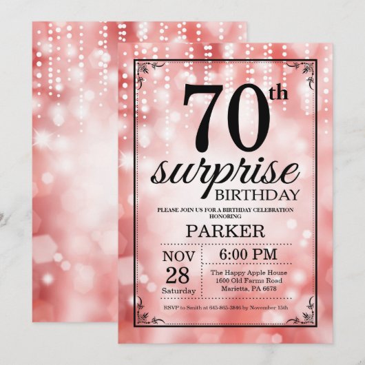 Verrassend 70e verjaardag Uitnodiging Rode Glitter (Voorkant / Achterkant)