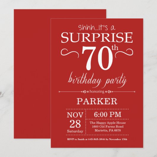 Verrassend 70e verjaardag Uitnodiging rood (Voorkant / Achterkant)