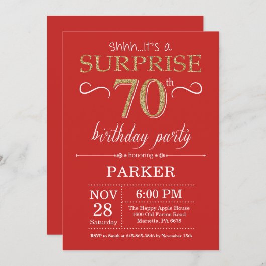 Verrassend 70e verjaardag Uitnodiging rood en goud (Voorkant / Achterkant)