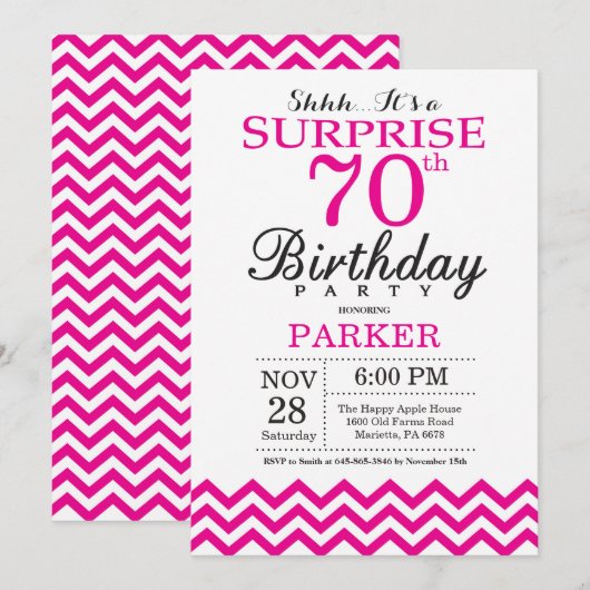 Verrassend 70e verjaardag Uitnodiging warme roze C (Voorkant / Achterkant)