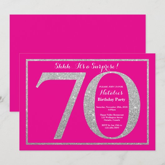 Verrassend 70e verjaardag warme roze en zilverglit kaart (Voorkant / Achterkant)