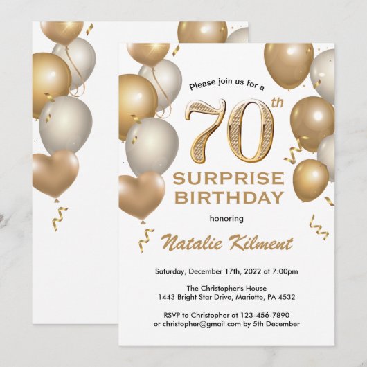 Verrassend 70e verjaardag Witte en gouden ballonne Kaart (Voorkant / Achterkant)
