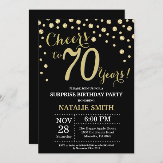 Verrassend 70e verjaardag zwart en Gold Diamond Kaart (Voorkant / Achterkant)