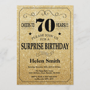Verrassend 70e verjaardag zwart en gouden glitter kaart