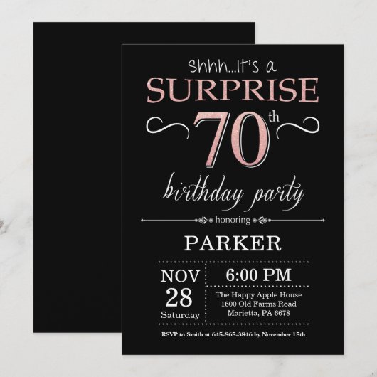 Verrassend 70e verjaardag zwart en Roos roze goud Kaart (Voorkant / Achterkant)