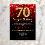 Verrassend 70e verjaardag - zwart rood goud kaart<br><div class="desc">Verrassend 70e uitnodiging op de verjaardag. Elegant rood zwart design met faux glitter Gold. Volwassen verjaardag. Kenmerken diamanten,  bokeh-lichten en scriptlettertype. Mannen of vrouwen nodigen dagelijks uit. Ideaal voor een stijlvol verjaardagsfeest. Bericht me als u verdere aanpassing nodig hebt.</div>